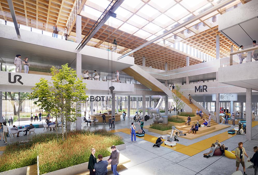 Ample space for humans, robots and greenery: the lobby of the new Cobot Hub in Odense. (Rendering: 3XN)