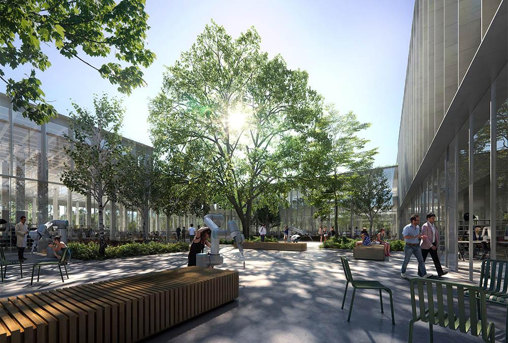 The courtyard area is designed to become the heart of the Cobot Hub. (Rendering: 3XN)