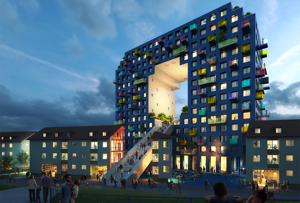 MVRDV hat einen bunten Wohnturm designt, der den Buchstaben „O“ in Mannheims neues Viertel schreibt. (Bild: MVRDV)