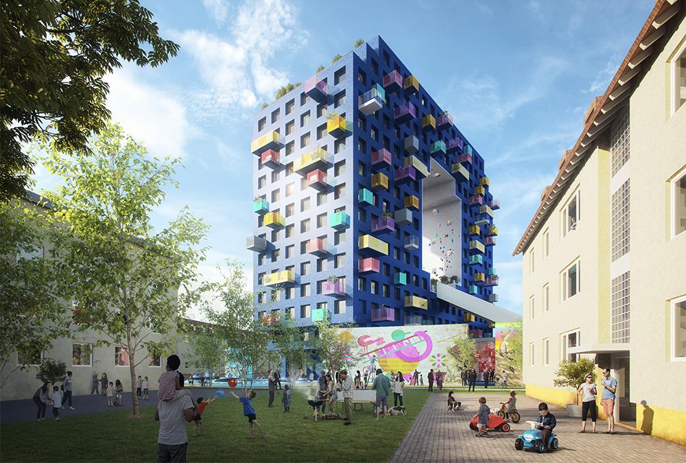 Lebensqualität in „bunt“: Der Wohnturm „O“ in Mannheims Franklin Mitte. (Bild: MVRDV)