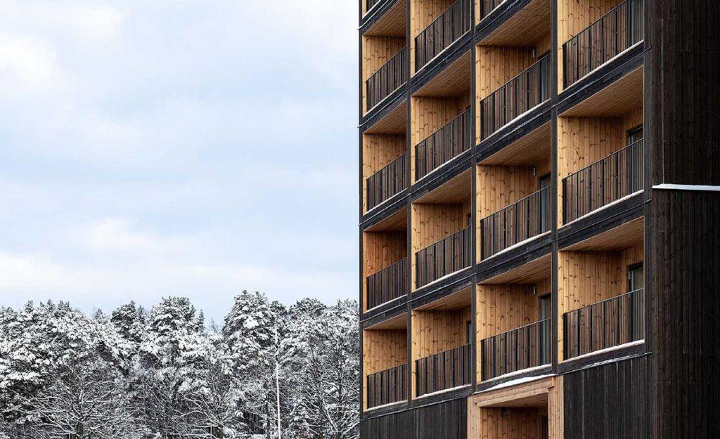 Timber cladding, Kajstaden Tall Timber Building, C F Moeller