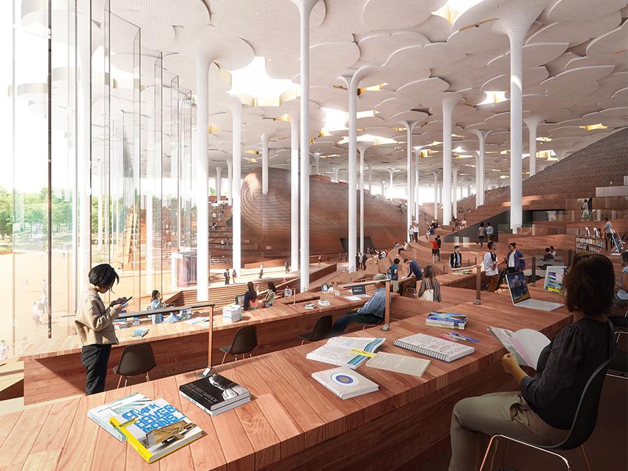 Säulen, die Bäumen gleichen und Haustechnik verbergen: Die von Snøhetta konzipierte neue Bibliothek in Peking. (Bild: Plomp) 