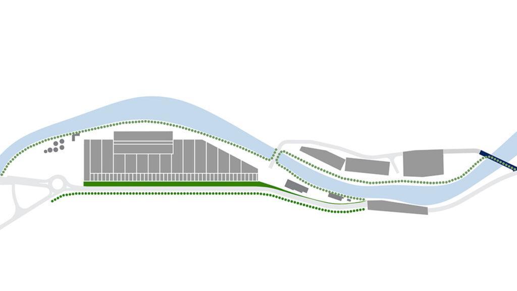 Die lange, grüne Pergola an einer Seite der S.Pellegrino Abfüllanlage ist Schutz und Design-Element zugleich. (Bild: BIG)