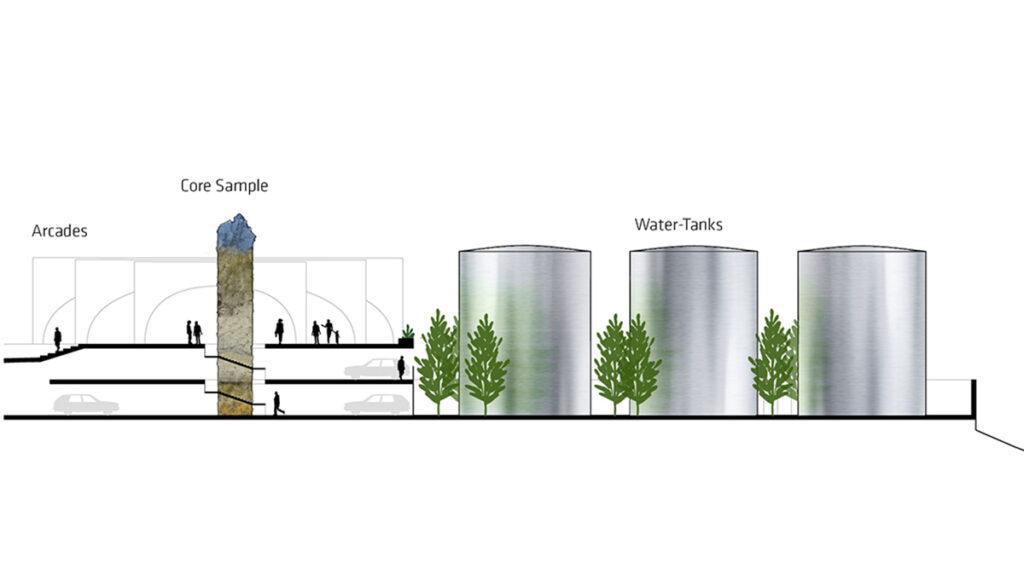 Arkaden, Gesteinsschnitt und reflektierende Wassertanks bilden die Hauptelemente der Piazza der von BIG gestalteten S.Pellegrino Fabrik. (Bild: BIG)