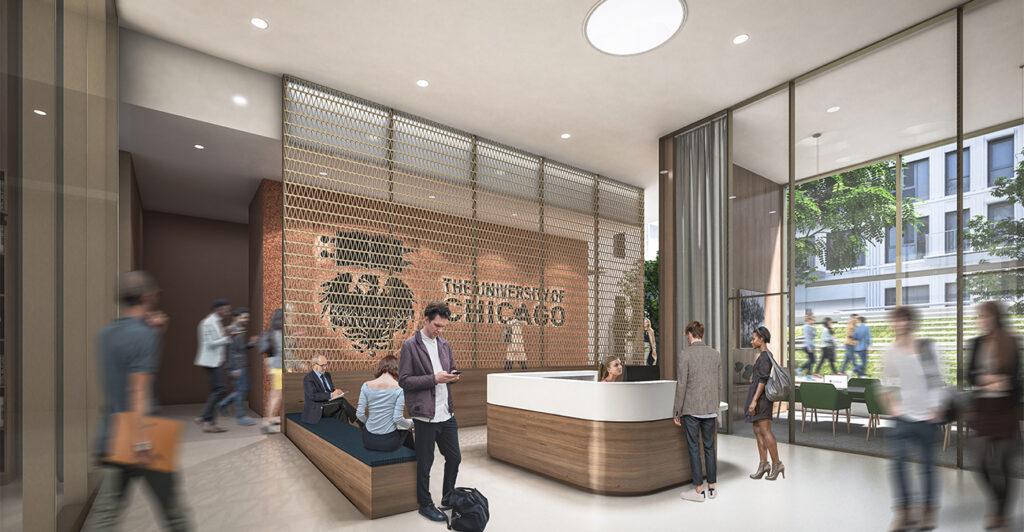 Die Lobby des Uni of Chicago Center in der Rue des Grands Moulins, designt von Studio Gang. (Bild: Studio Gang)