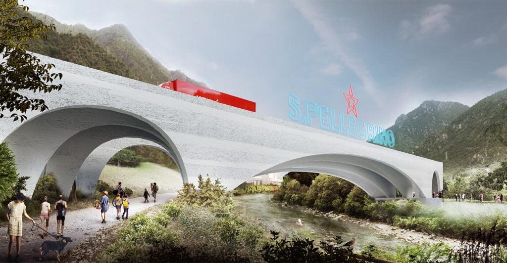 Eine neue Brücke führt Lastwagen und Fußgänger über den Fluss zum S-Pellegrino Werk. (Bild: BIG)