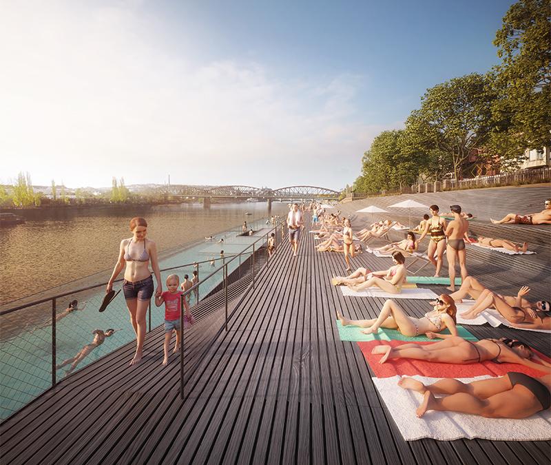 Das von Petr Janda designte Badeschiff mit Floating Pool für Prag. (Bild: Petr Janda/Brainwork)