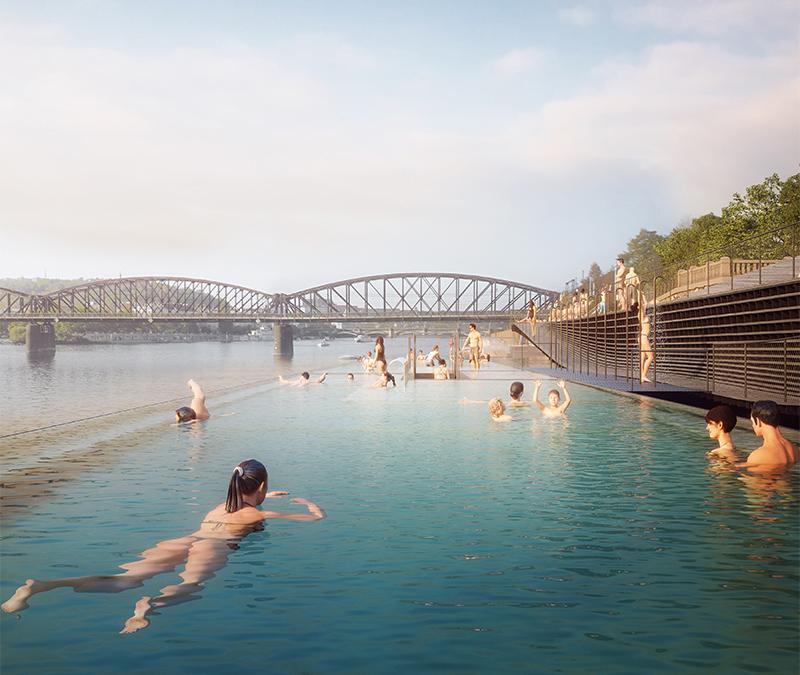 Der schöne „Floating Pool“ in der Moldau ist der nächste Schritt des großen Projekts zur Neubelebung der Uferpromenade von Prag. (Bild: Petr Janda/Brainwork)