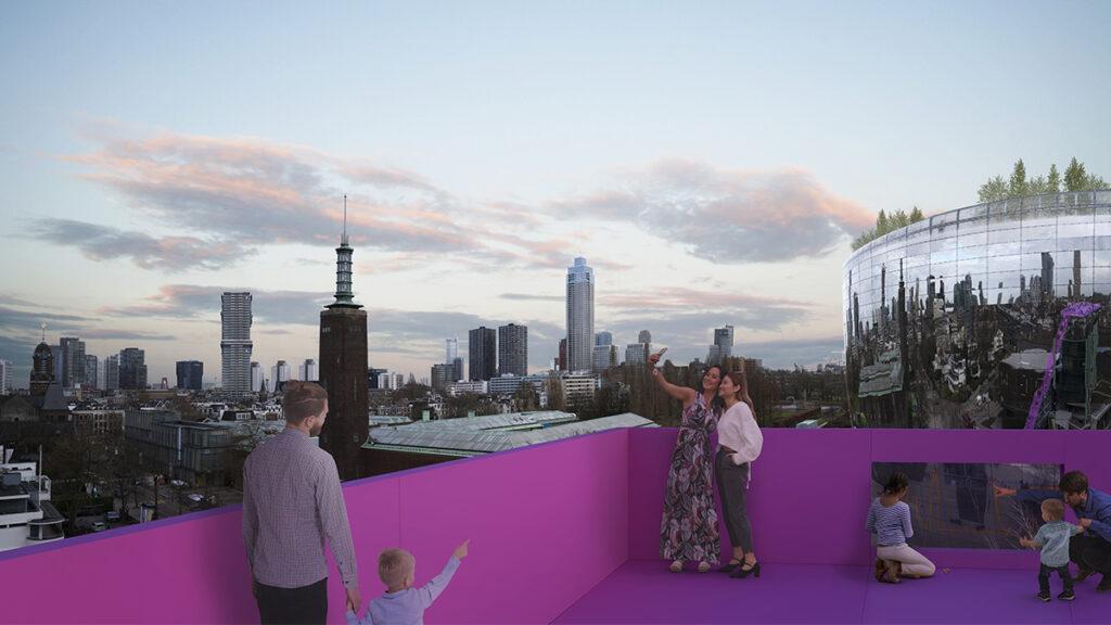 Spannendes Ausflugsziel: „The Podium“ lädt dazu ein, Rotterdam von oben zu genießen (rechts im Bild: Das spiegelnde Boijmans Van Beuningen Depot). (Bild: MVRDV)
