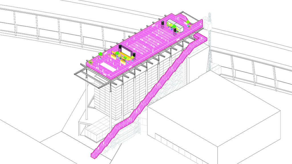 Die vielseitige Plattform „The Podium“ bietet Raum für verschiedenste Nutzungen, von Meetings und Präsentationen (Bild links) bis zum einladenden Ausflusgziel. (Bild: MVRDV)