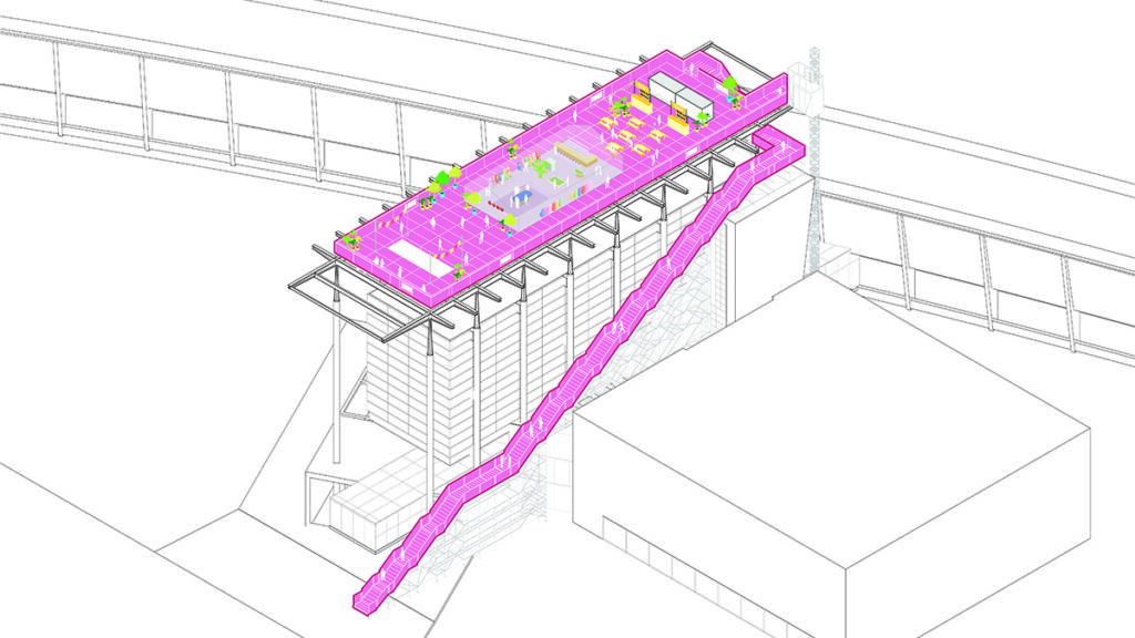 Die vielseitige Plattform „The Podium“ bietet Raum für verschiedenste Nutzungen, von Meetings und Präsentationen (Bild links) bis zum einladenden Ausflusgziel. (Bild: MVRDV)
