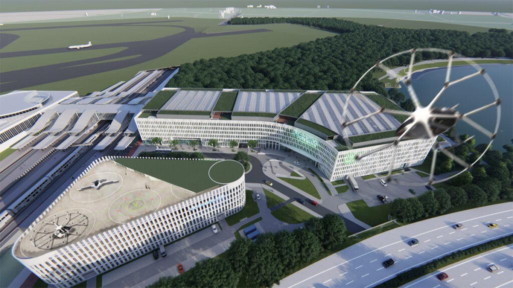Spannendes Testgelände: Ein spezieller Skyport für Flugtaxis und Lieferdrohnen ist Teil des Konzepts des EUREF-Campus Düsseldorf. (Bild: EUREF AG)