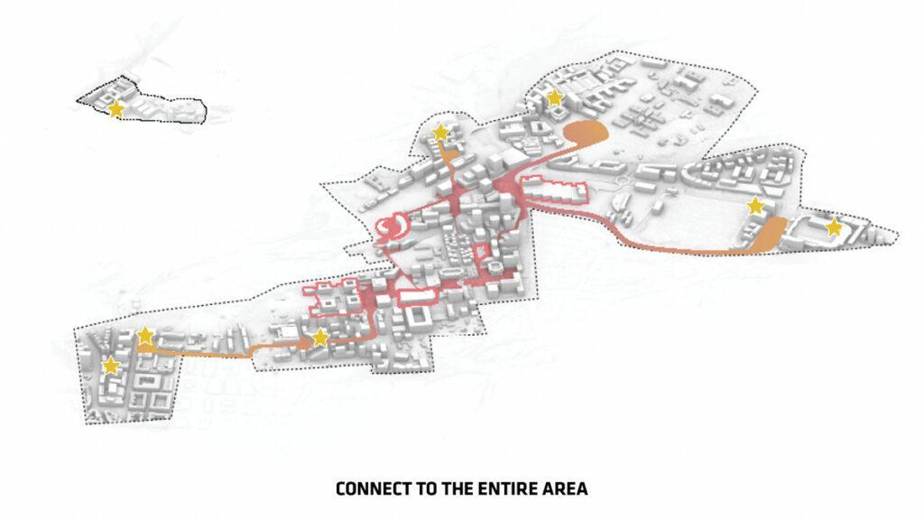 Verstärkte Verkehrsknotenpunkte und eine durchgehende Schleife durch das gesamte Entwicklungsgebiet sorgen für gute Anbindung aller Bereiche der Oslo Science City. (Bild: BIG)
