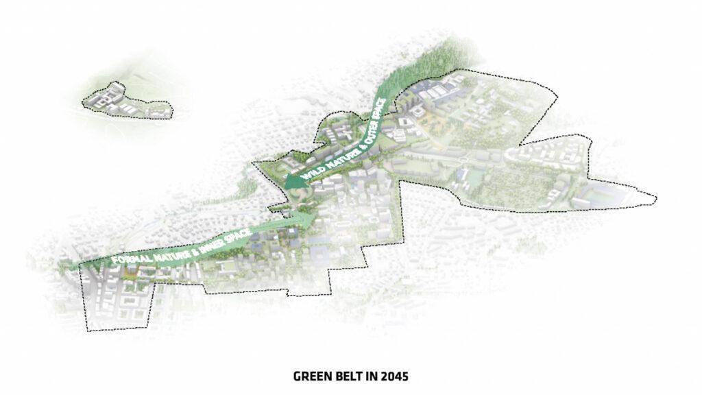 Schlüsselelement im von BIG designten Masterplan der Oslo Science City: Der Grüngürtel. (Bild: BIG)