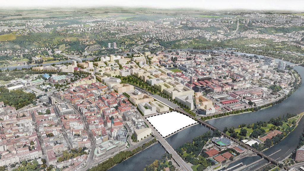 Perfekte Lage: Die Moldau-Philharmonie wird Flussufer, Grün, alte und neu entwickelte Stadtteile elegant miteinander verbinden. (Bild: PR Prag)