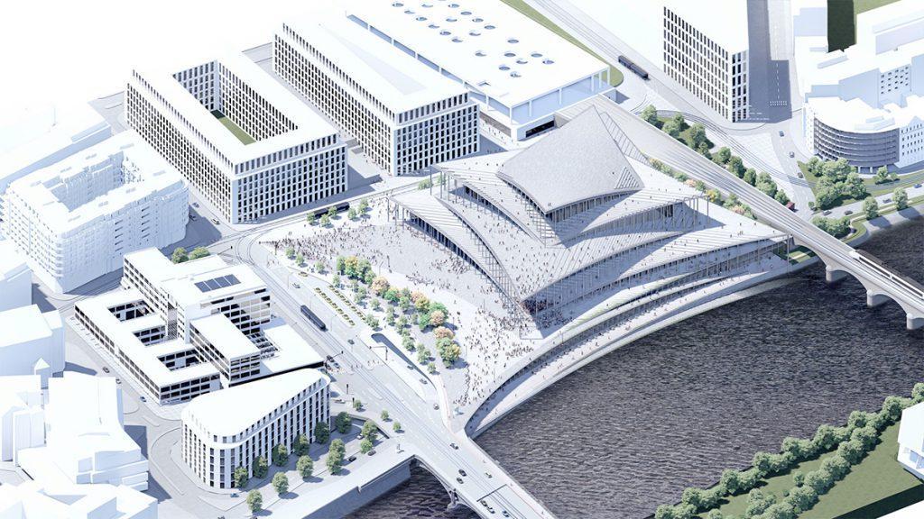 Das extravagante Design der Bjarke Ingels Group soll die Prager Moldau-Philharmonie zu einem neuen Wahrzeichen der Stadt machen. (Bild: BIG)