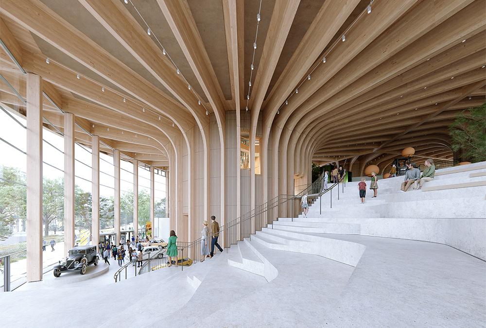 Autogeschichte, im nachhaltigen Holzbau ausgestellt: Henning Larsens Design führt Vergangenheit und Zukunft in einem Bauwerk zusammen. (Bild: KVANT)