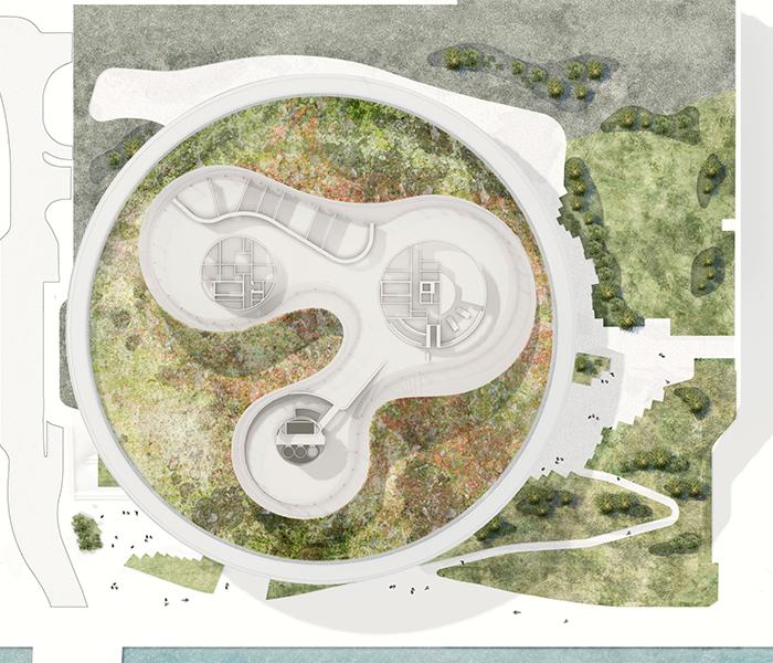 Die Henning Larsen Architekten haben das Erlebniszentrum „World of Volvo” als rundum grünen Kreis designt. (Bild: Henning Larsen)