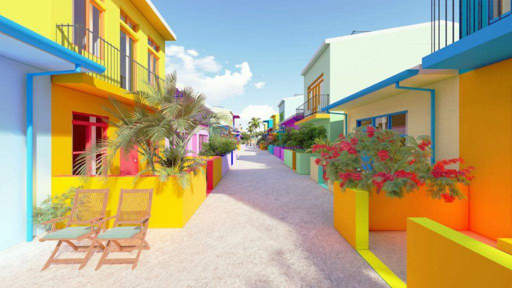 The low, colourful buildings of Maldives Floating City.