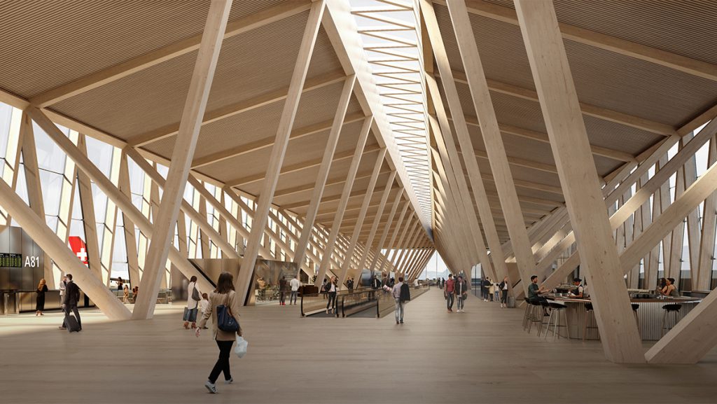 Zurich Airport goes sustainable: its new terminal has a timber design. (Credit: BIG)