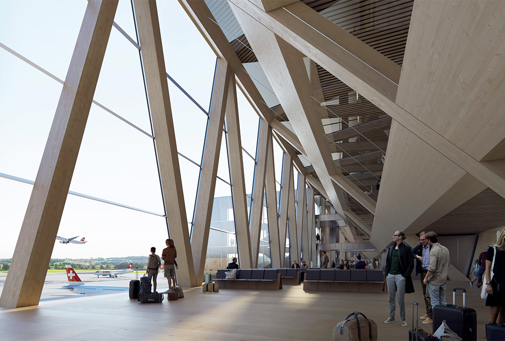 Das Architekten-Team um BIG und HOK hat einen nachhaltigen, nutzerfreundlichen Terminal für den Flughafen Zürich designt. (Bild: IMIGO)