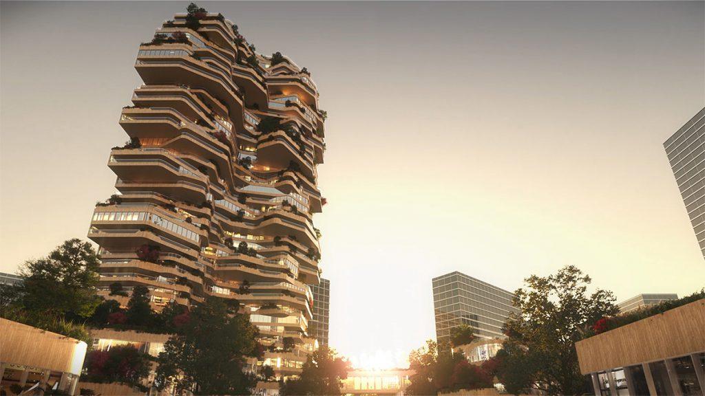 Außergewöhnlicher Look: Die MVRDV Architekten haben jeden Balkon des neuen „Oasis Towers“ Komplexes in Nanjing unterschiedlich gestaltet. (Bild: Atchain)