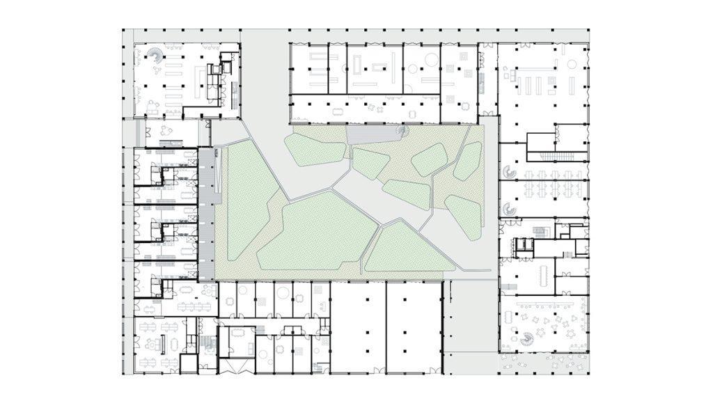 Floor plan and layout plan of the Robin Wood project: flexible spaces and living space variations, arranged around its own tiny forest. (Credit: Marc Koehler Architects)