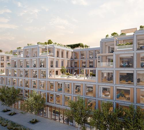 Begrünte Terrassen und Freiflächen lassen die Südseite des neuen „Vilharia“ Gebäudes in Ljubljana wie eine Hügellandschaft wirken. (Schmidt Hammer Lassen Architects + Willbe Studio)