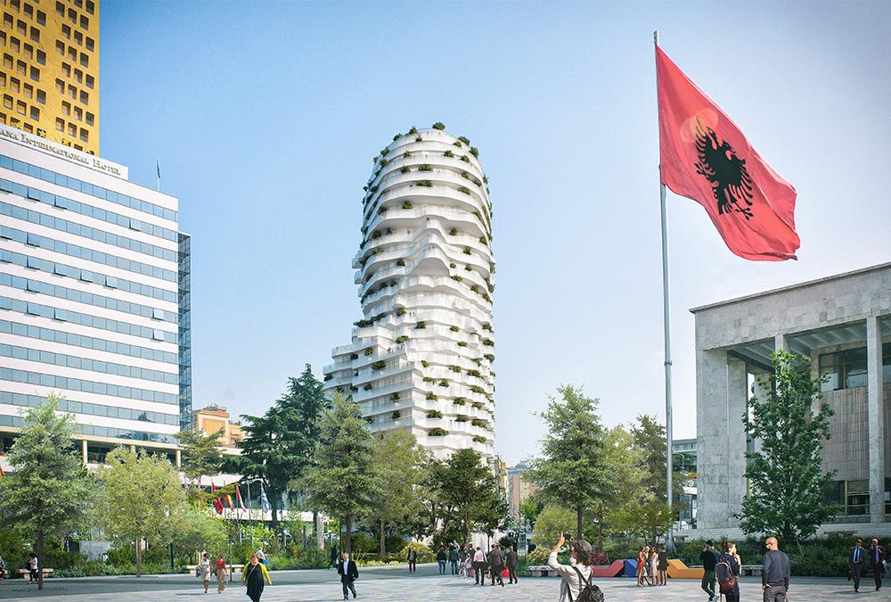 Auskragende Freiflächen formen das Antlitz des albanischen Nationalhelden Skanderbeg – von Ohren und Nase bis zum Bart. (Bild: MVRDV)