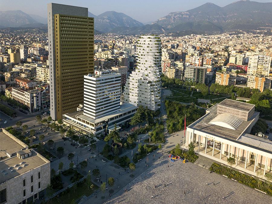 Beeindruckend, ob abends oder im hellen Tageslicht: Das auch „Tirana's Rock“ genannte Skanderbeg Gebäude ist als neues Wahrzeichen der Stadt gedacht. (Bild: MVRDV)