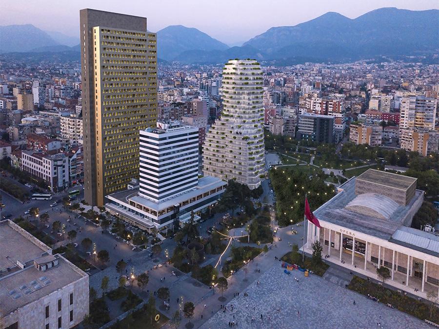 Beeindruckend, ob abends oder im hellen Tageslicht: Das auch „Tirana's Rock“ genannte Skanderbeg Gebäude ist als neues Wahrzeichen der Stadt gedacht. (Bild: MVRDV)