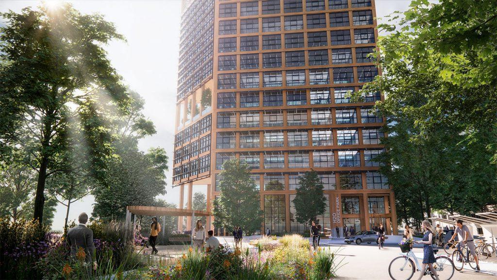 Der vom Büro 3deluxe für Wiesbaden entworfene Holz-Hybrid-Büroturm soll Entwicklungsmotor des neuen Stadtquartiers am Rheinufer werden. (Bild: 3deluxe) 