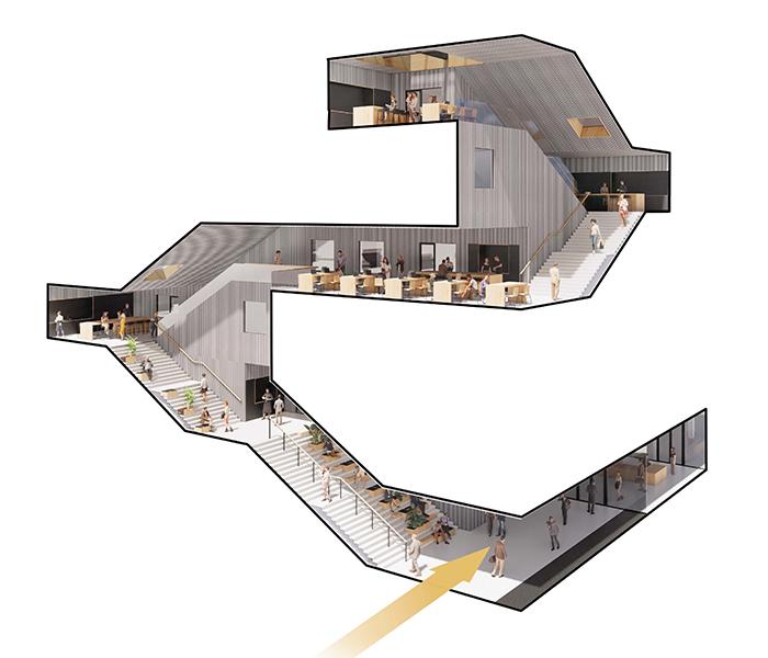 Verbindende „Lebensader“: Das Treppenhaus von „Matrix One“ lädt mit großzügigen Sitzbereichen zum Verweilen und Ideen-Besprechen ein. 