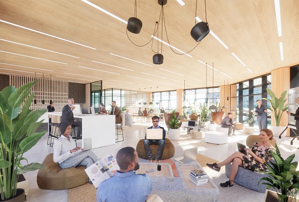 Die Lounges und Büros im Entwurf für den H2O-Tower sind auf die Bedürfnisse moderner Arbeitswelten zugeschnitten. (Bild: 3deluxe)