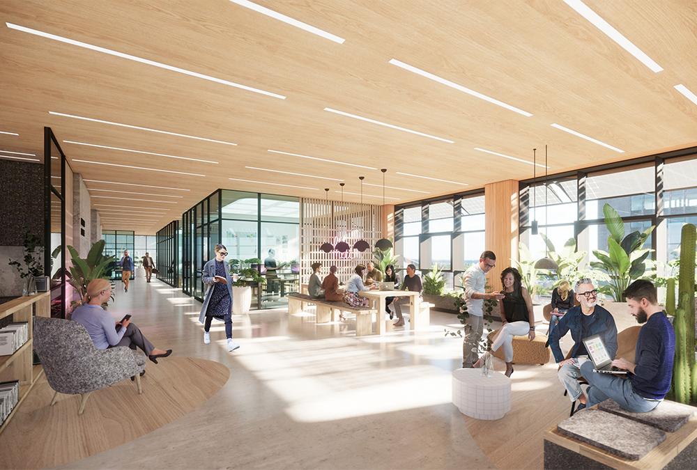 Die Lounges und Büros im Entwurf für den H2O-Tower sind auf die Bedürfnisse moderner Arbeitswelten zugeschnitten. (Bild: 3deluxe)