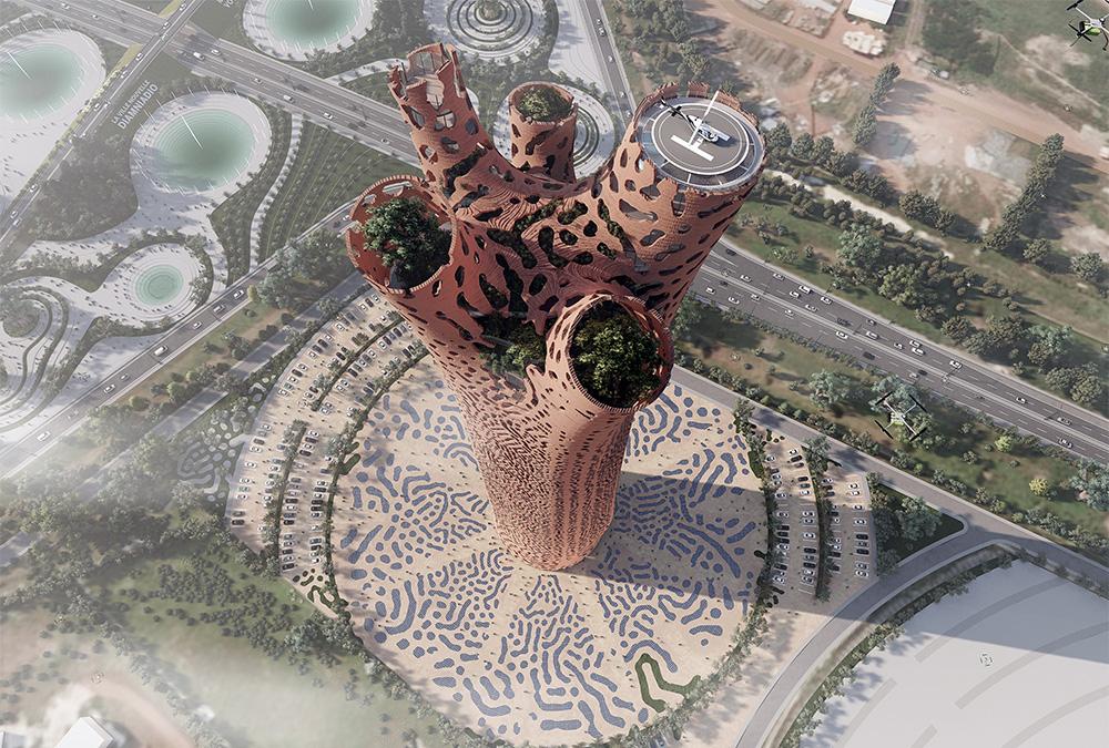In den „abgeschnittenen Ästen“ des „Tower of Life“ sind Grün, Smogabzugsschächte und ein Heli-Port geplant. (Bild: BAD / Built by Associative Data)