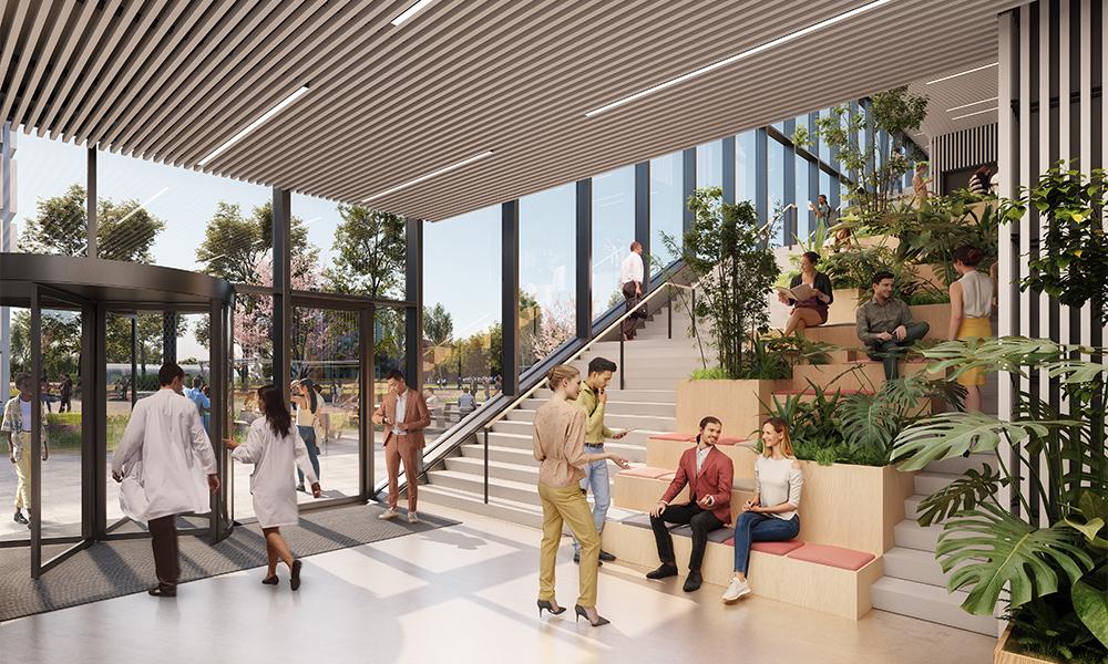 Das einladende Foyer im Erdgeschoss des neuen, von MVRDV designten Büro- und Labor-Komplexes. (Bild: MVRDV)