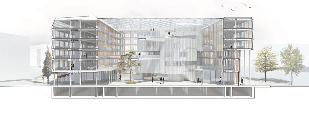 Querschnitt durch das von Henning Larsen umgebaute und erweitert fertiggestellte Rathaus von Uppsala. (Bild: Henning Larsen)