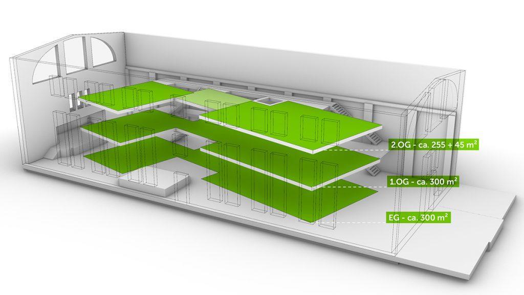 Zukunft im „Bauch“ der Wiesbadener Kraftwerkshalle: Flexibles Box-in-the-Box System mit offenen Terrassen. (Bild: 3deluxe)