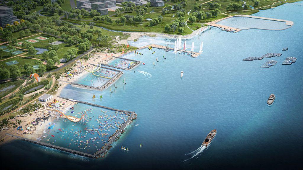 Schöner neuer Stadtteil am Meer: KCAPs Plan für den Yantai Seafront Garden schafft Badezonen und Freizeit-Areale (im Bild: Der Cluster „Talent Port“). (Bild: KCAP)