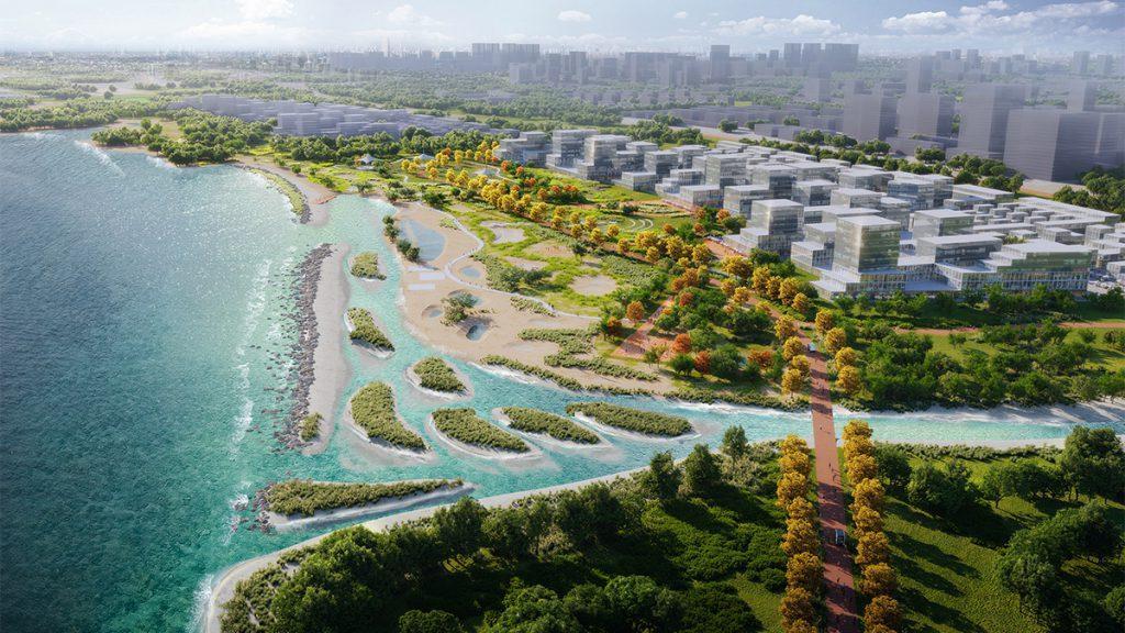 Die „Lagoon Community“ des Yantai Seafront Garden erfüllt ökologische Funktionen und ist zugleich als neuer Freizeit-Treff gedacht. (Bild: KCAP)