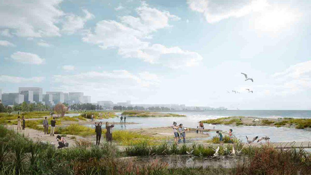 Idee-Welle für die Küste: Der „Lagoon Community Park“ wird den Bewohnern der Millionenstadt Yantai Naturerlebnisse bieten. (Bild: KCAP)