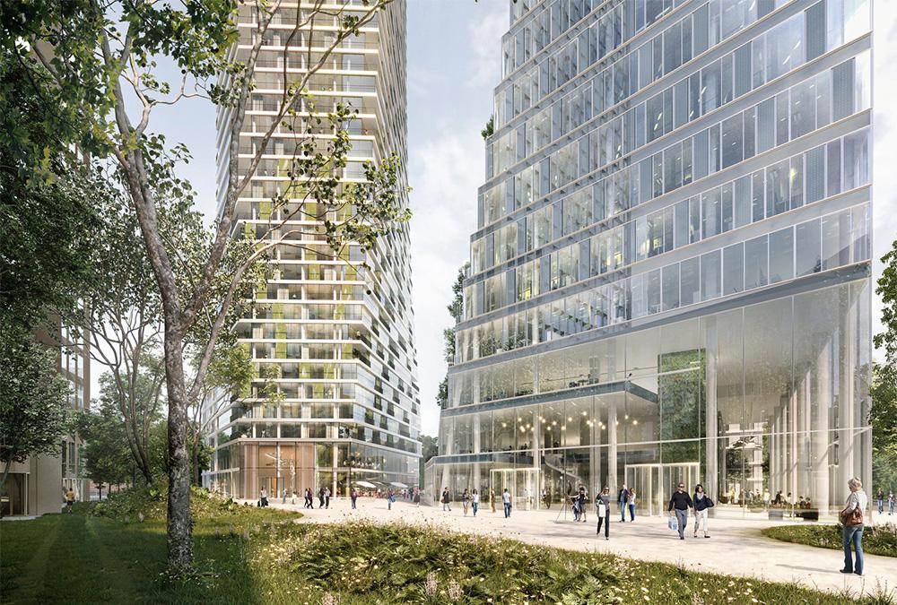 Frankfurts neue Spitze: Das Design des Büros Ferdinand Heide setzt öffentliche Freiräume und Grünflächen zwischen die neuen Gebäude. (Bild: Nightnurse Images / Ferdinand Heide Architekt)