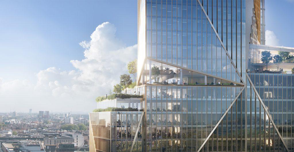 Gute Aussichten für Arbeitsplätze, die Freude machen: Der neue Bürokomplex 2 Finsbury Avenue in London. (Bild: 3XN)