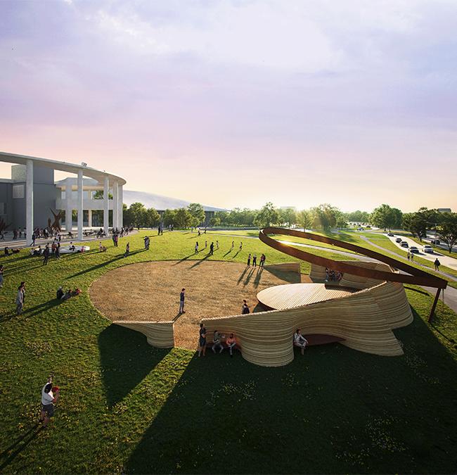 Vorbote der kosmischen Hotel-Oase El Cosmico: Der ebenfalls mit 3D-Technik gedruckte Performance-Pavillon, den Lambert, Ingels und ICON mit dem Long Center for the Performing Arts in Austin errichten. (Bild: ICON)