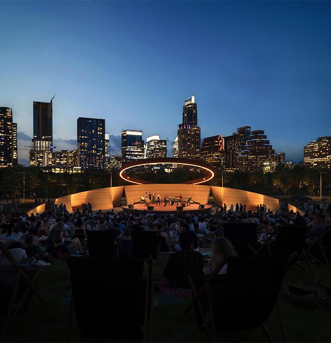 Vorbote der kosmischen Hotel-Oase El Cosmico: Der ebenfalls mit 3D-Technik gedruckte Performance-Pavillon, den Lambert, Ingels und ICON mit dem Long Center for the Performing Arts in Austin errichten. (Bild: ICON)