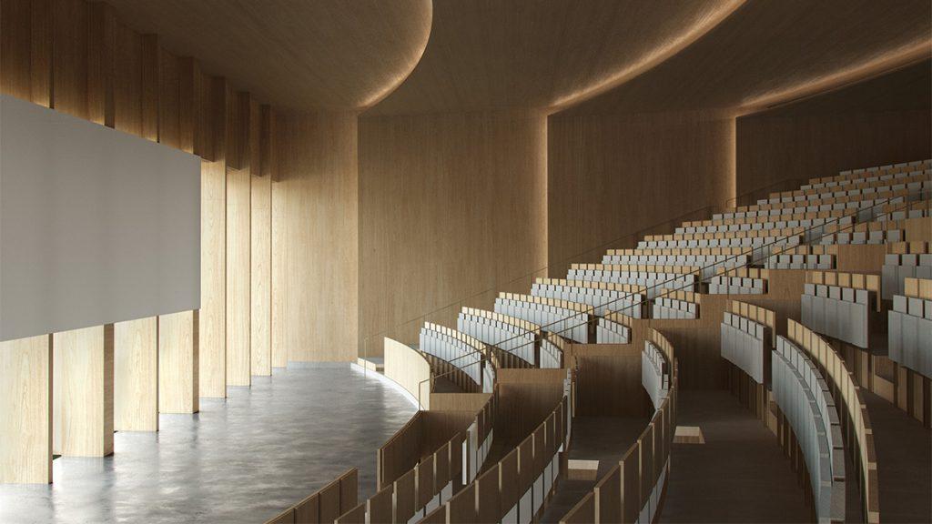 Auch im Inneren des neuen Hörsaalzentrums der Universität Tilburg dominiert Holz das Design. (Bild: Powerhouse Company)