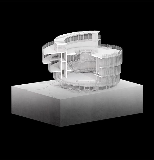 Tragwerk aus Brettsperrholz, Fassade aus kunstvoll gestalteten Glaspaneelen: Der Siegerentwurf des jungen Apropos Architects Teams für die EXPO Osaka 2025. (Bild: Apropos Architects / Zan Studio)