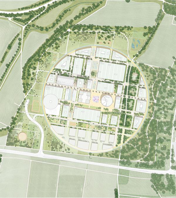 Lageplan des Ipai Campus: Inmitten von viel Grün ein Kreis, in dem sich alles um KI-Entwicklung dreht. (Bild: MVRDV / LOLA)