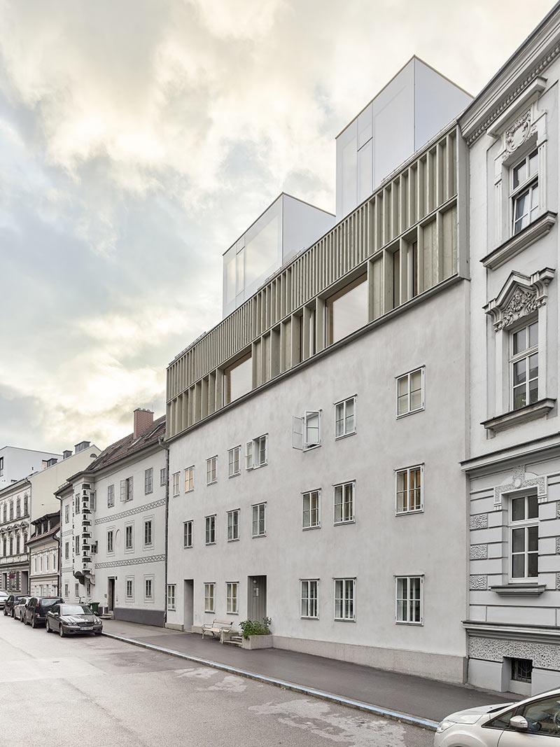 Straßenansicht, Stadthaus Linz, mia2, Holzbau, Bauen im Bestand